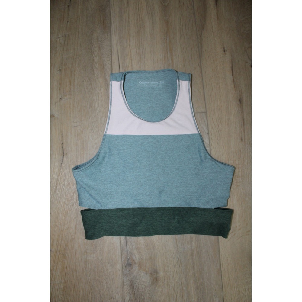 Outdoor Voices Women's TechSweat Colorblock High Neck Crop Top Green Pink Size M